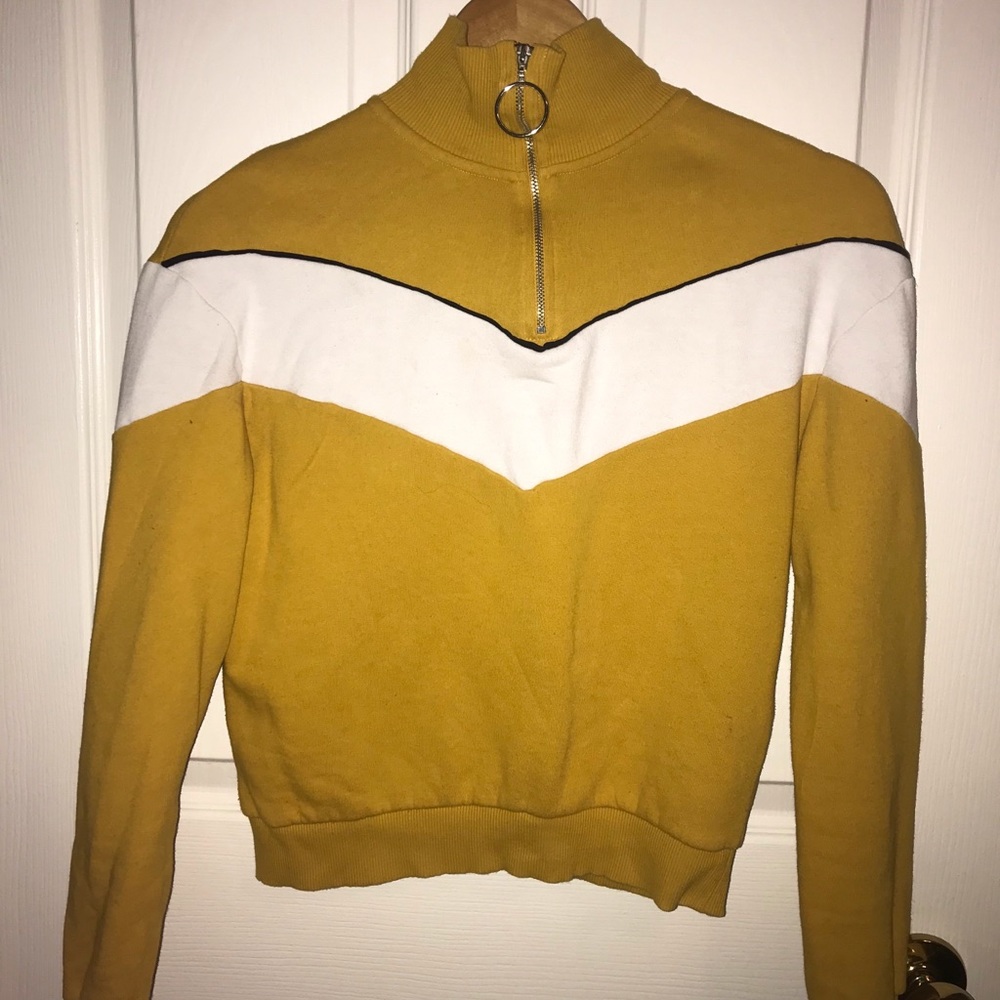 warm yellow long-sleeved t-shirt with white stripe
